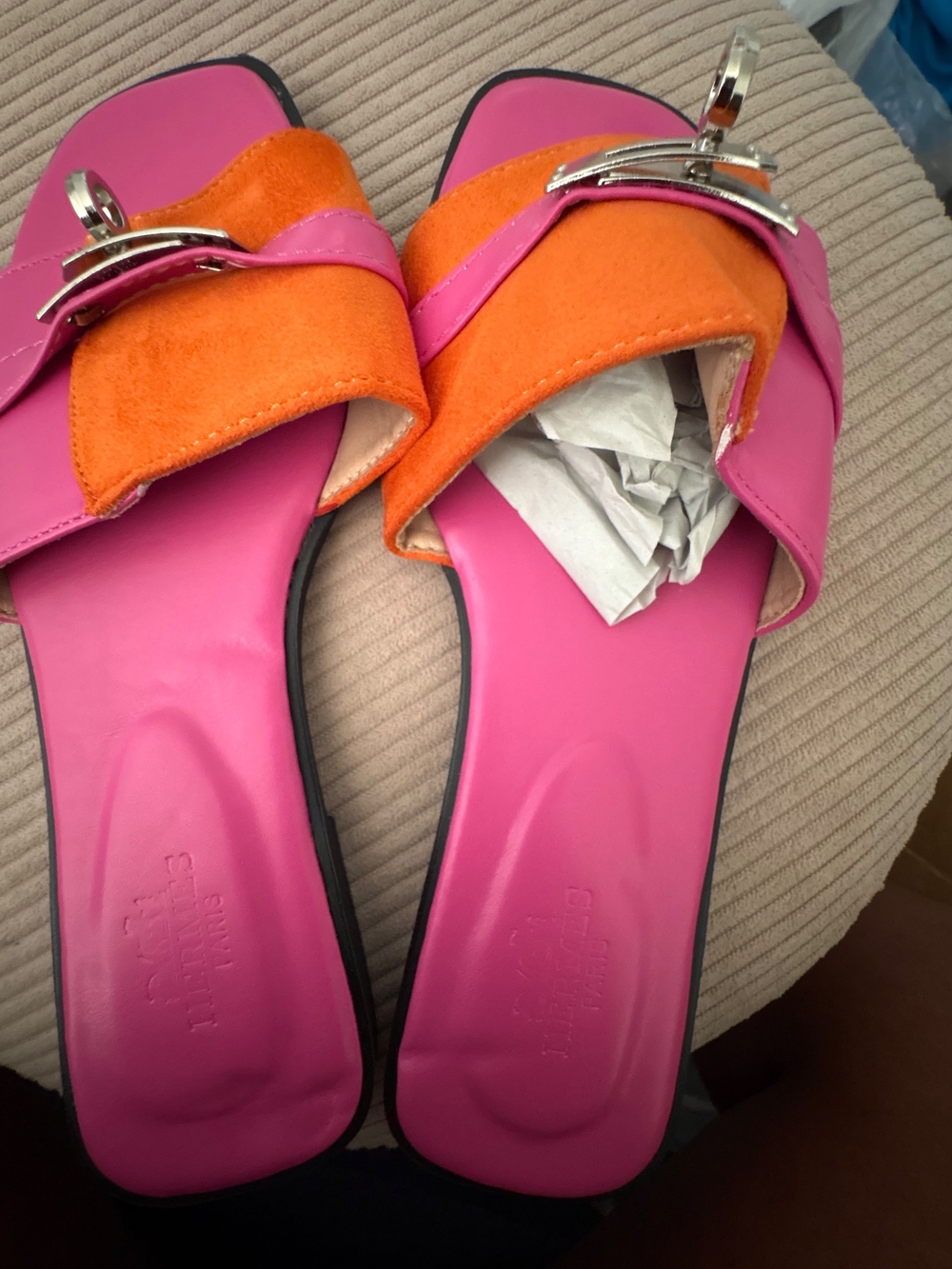 Hermes Hot Pink and Orange Suede Slide Sandals with Silver Buckle